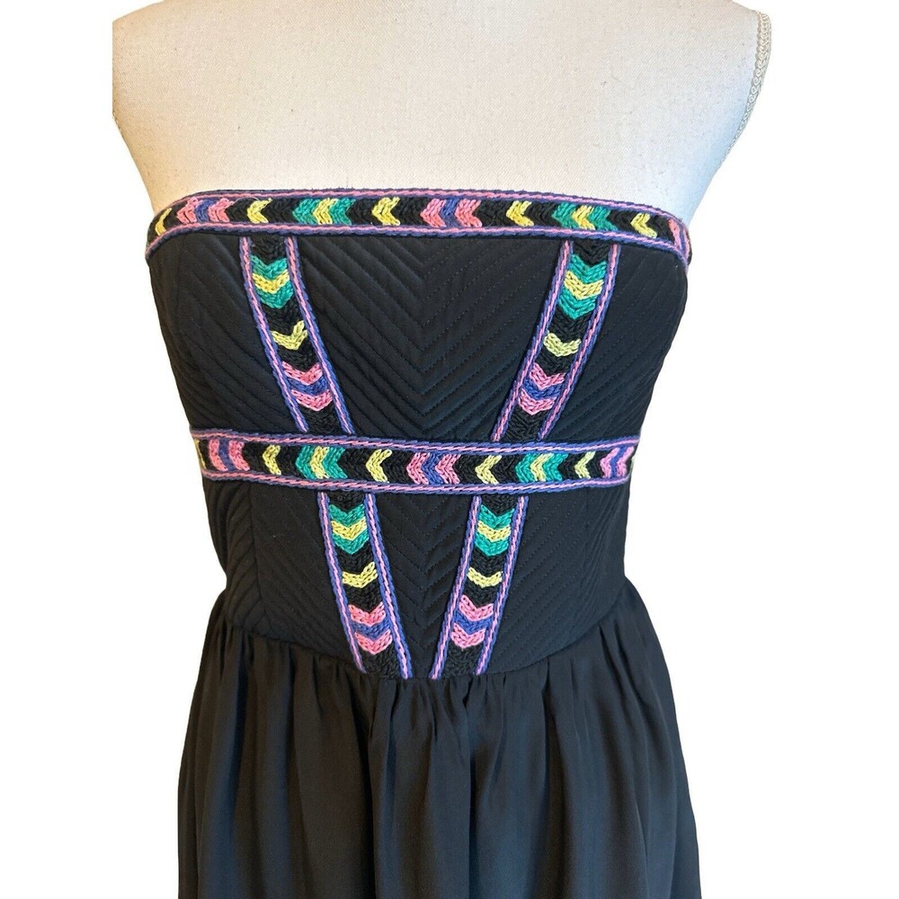 Parker Women's S Silk Black Mini Dress w/ Embroidery Strapless Small - Picture 4 of 6